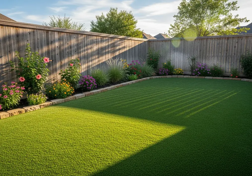 Repaired and restored artificial turf in a Heath, TX backyard