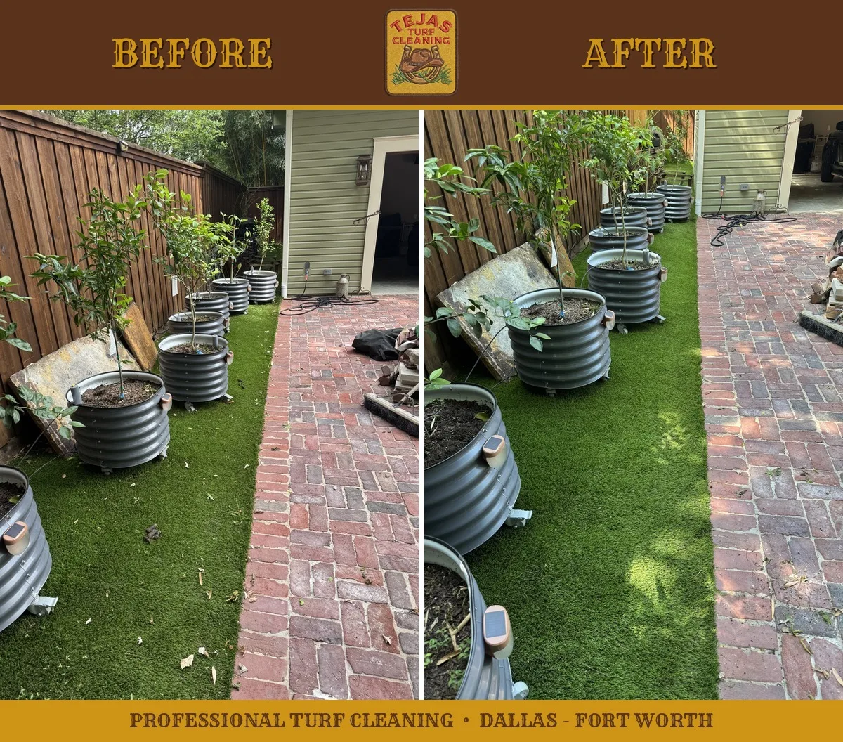 Before and after professional repair and cleaning of an artificial turf area beside a brick path in a Grapevine, TX backyard