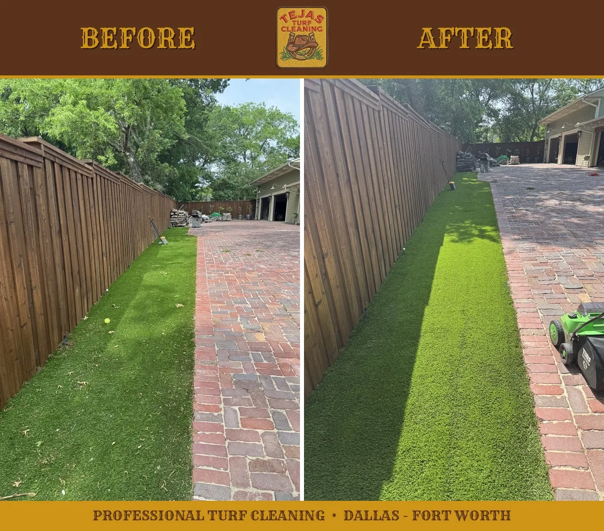 Before and after infill replenishment on a long artificial turf strip beside a brick driveway in Dallas-Fort Worth