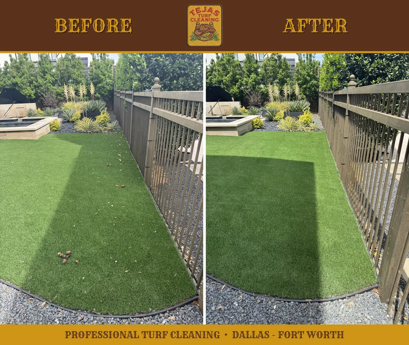 Before and after deep cleaning of artificial turf in a designer landscaped backyard in Plano, TX