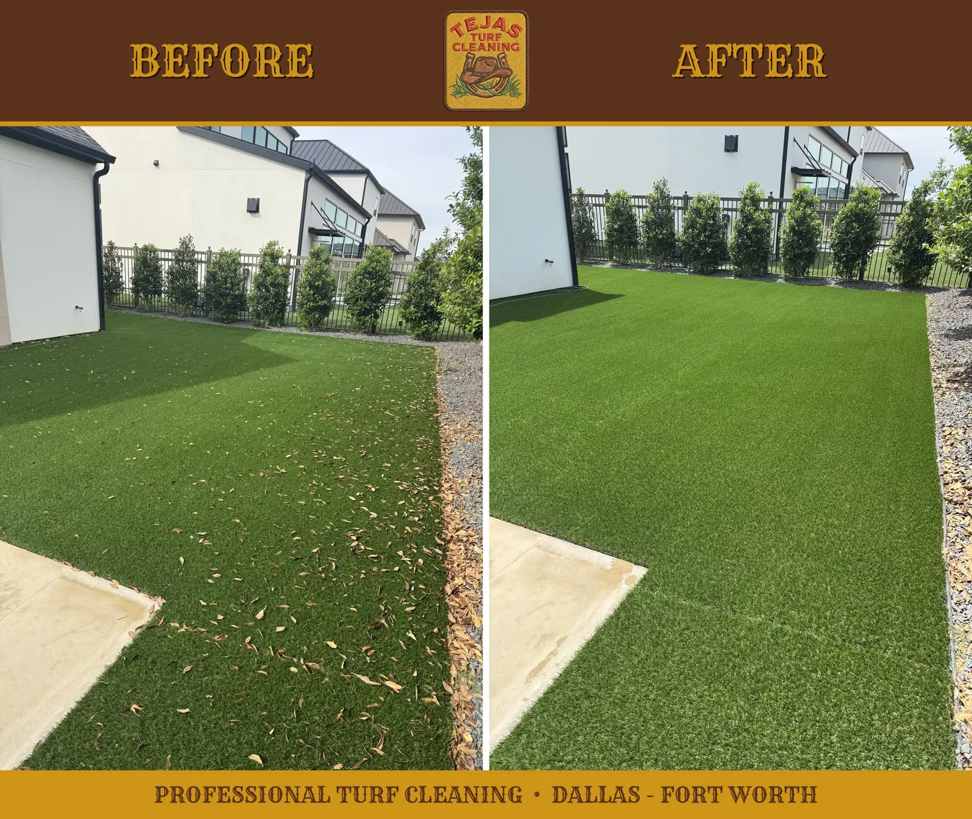 Before and after professional cleaning of an artificial turf backyard at a modern Kennedale, TX home