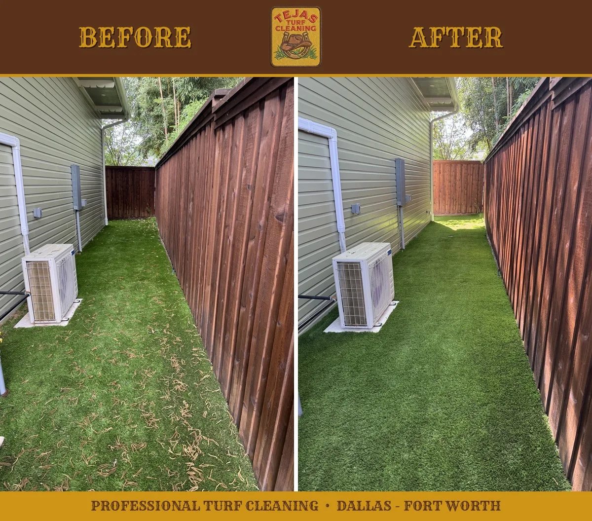 Before and after cleaning of an artificial turf side yard and dog run in Saginaw, TX