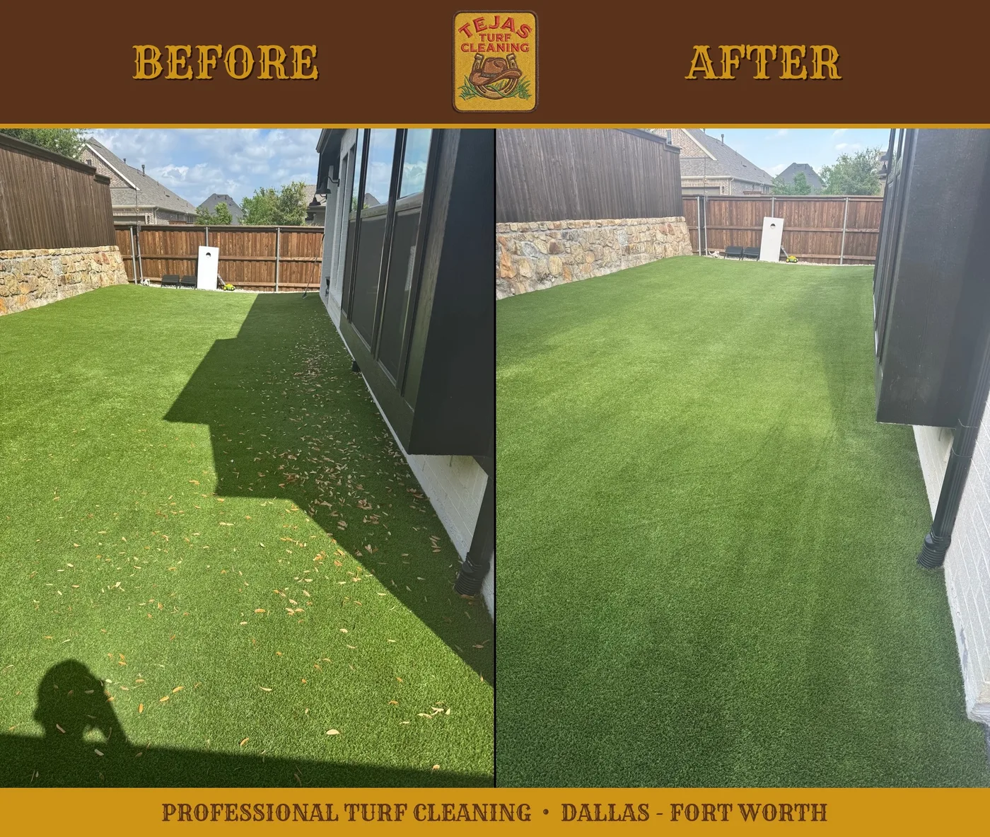 Before and after cleaning of a back-patio artificial turf area at a Frisco, TX home