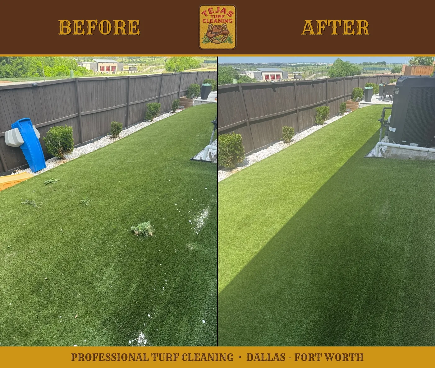 Before and after deep cleaning of a large perimeter artificial turf area at a Grapevine, TX commercial property