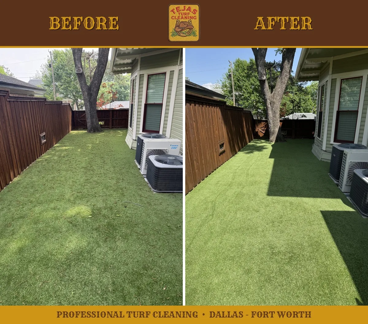 Before and after deep cleaning of an artificial turf side yard in a Dallas-Fort Worth home — debris removed and fibers reblooming