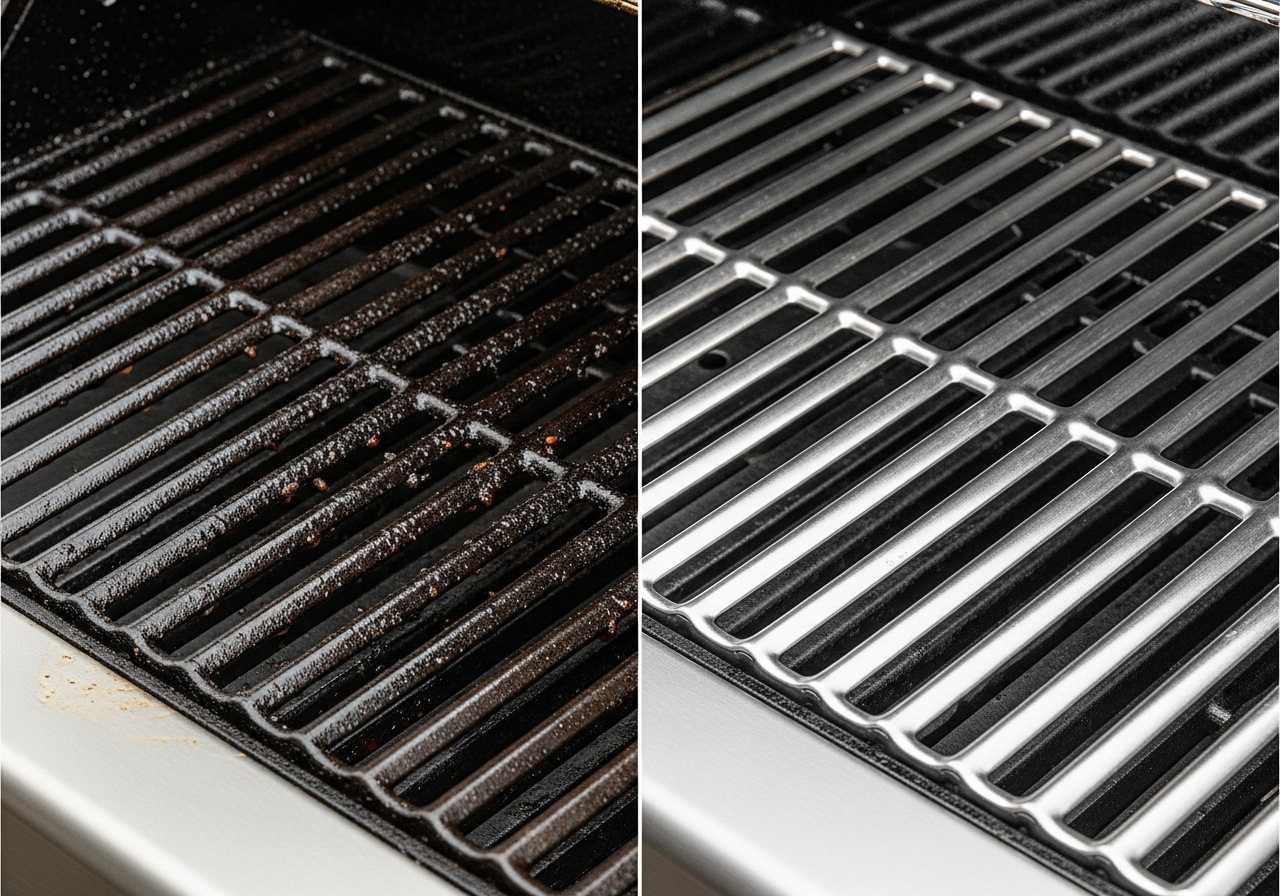 Before and after professional grill cleaning in Dallas-Fort Worth — greasy carbonized grill grates restored to gleaming spotless stainless