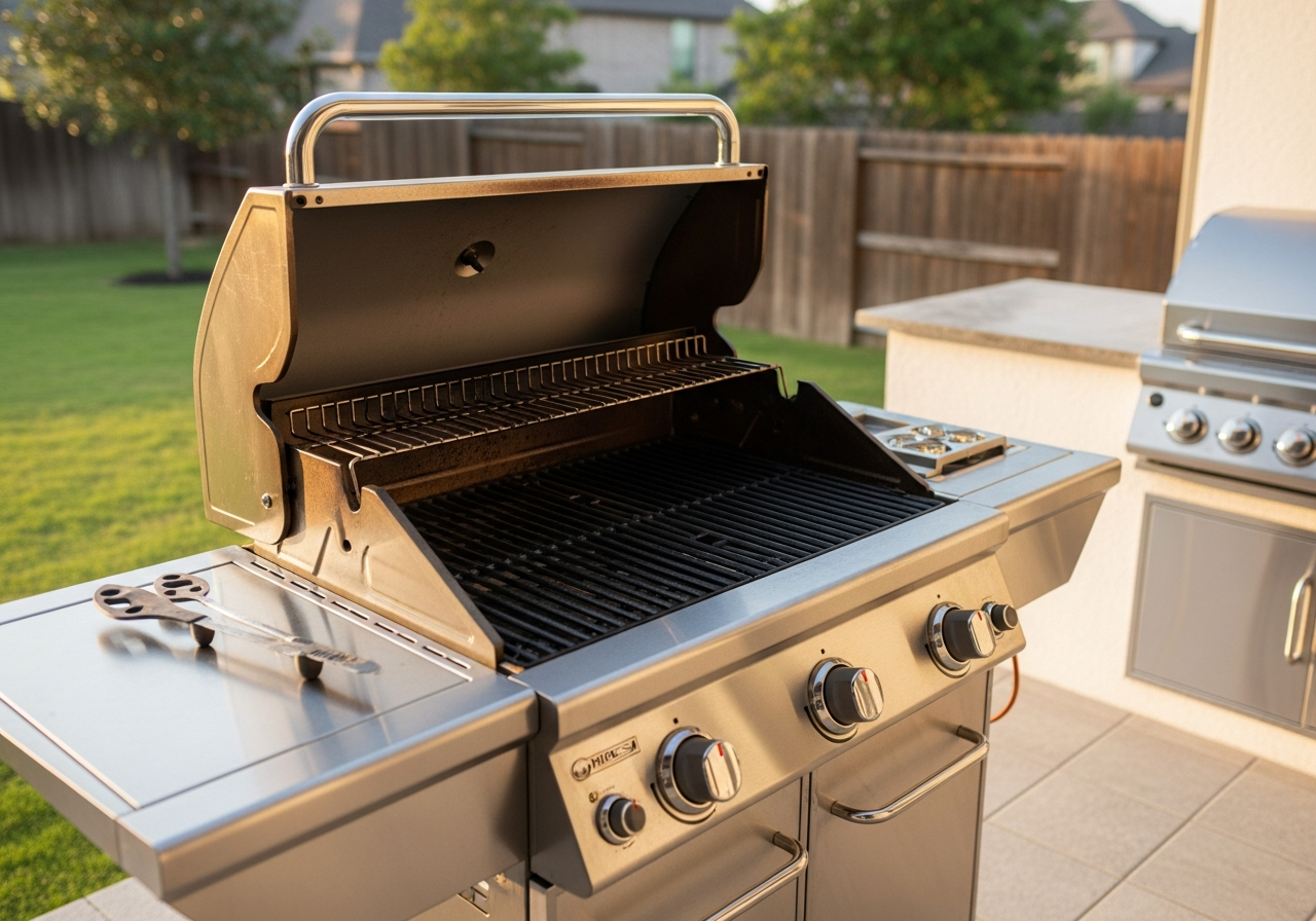 A professionally cleaned, gleaming stainless steel grill in a Argyle, TX backyard outdoor kitchen